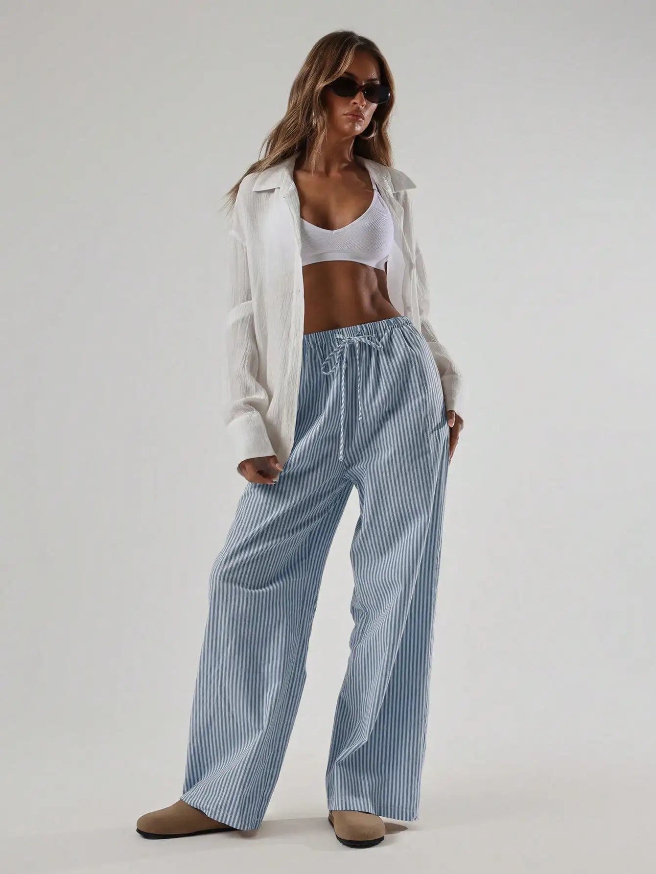 Striped Linen Feel Drawstring Waist Wide Leg Pants by MadisonnSavannahBoutique