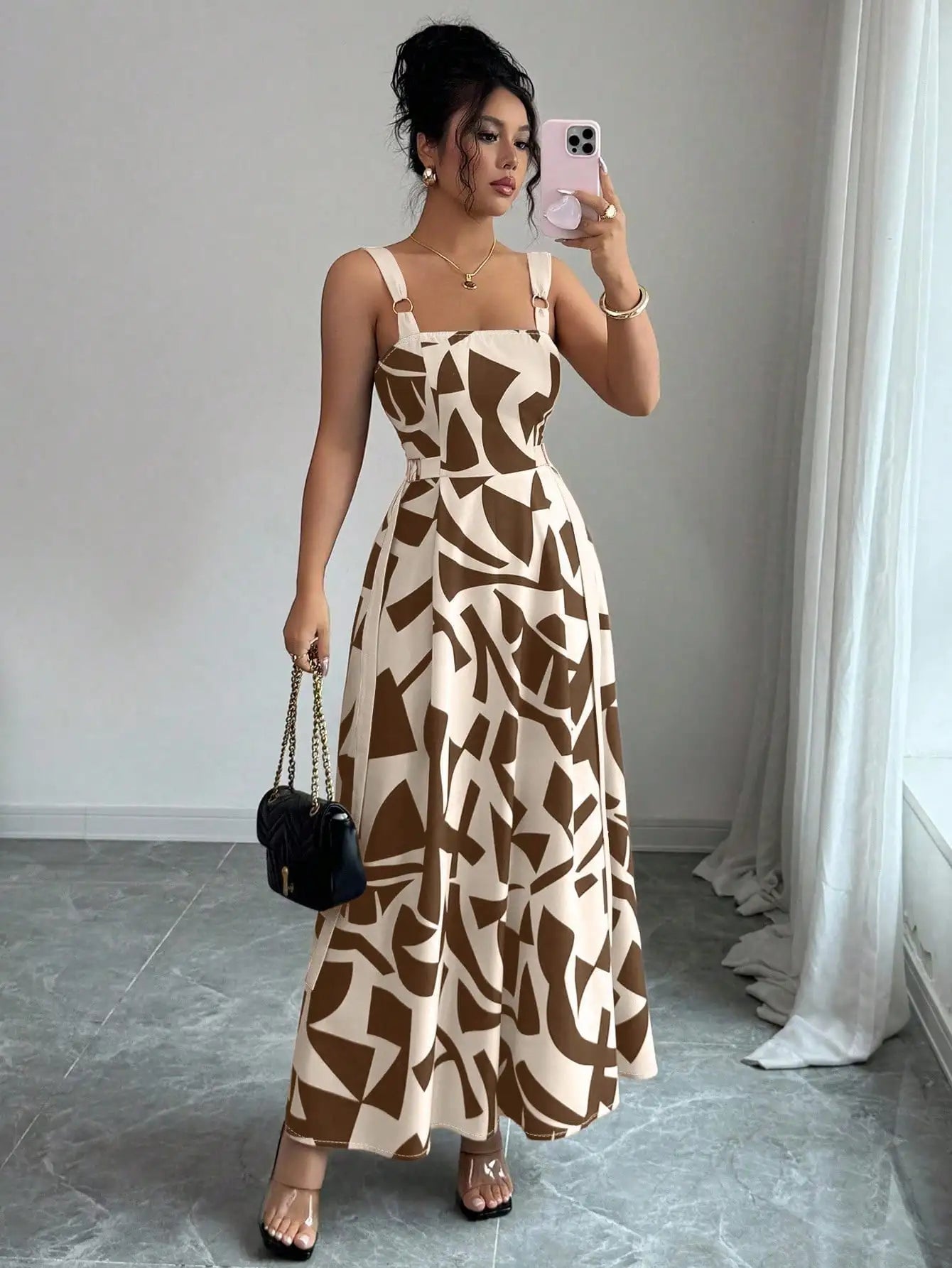 Casual Spaghetti Strap Waisted Wide Hem Geometric Print Maxi Dress by MadisonnSavannahBoutique