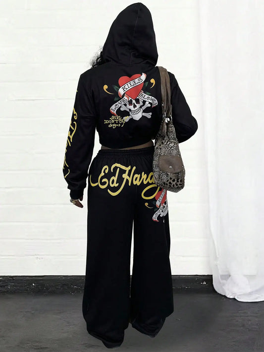 Ed Hardy Skull & Heart Print Cropped Hoodie and Wide Leg Pants Set by MadisonnSavannahBoutique