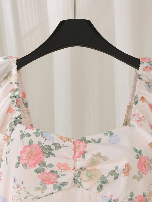 Floral Print Square Neck Flare Sleeve A-Line Maxi Dress With Zipper Back by MadisonnSavannahBoutique