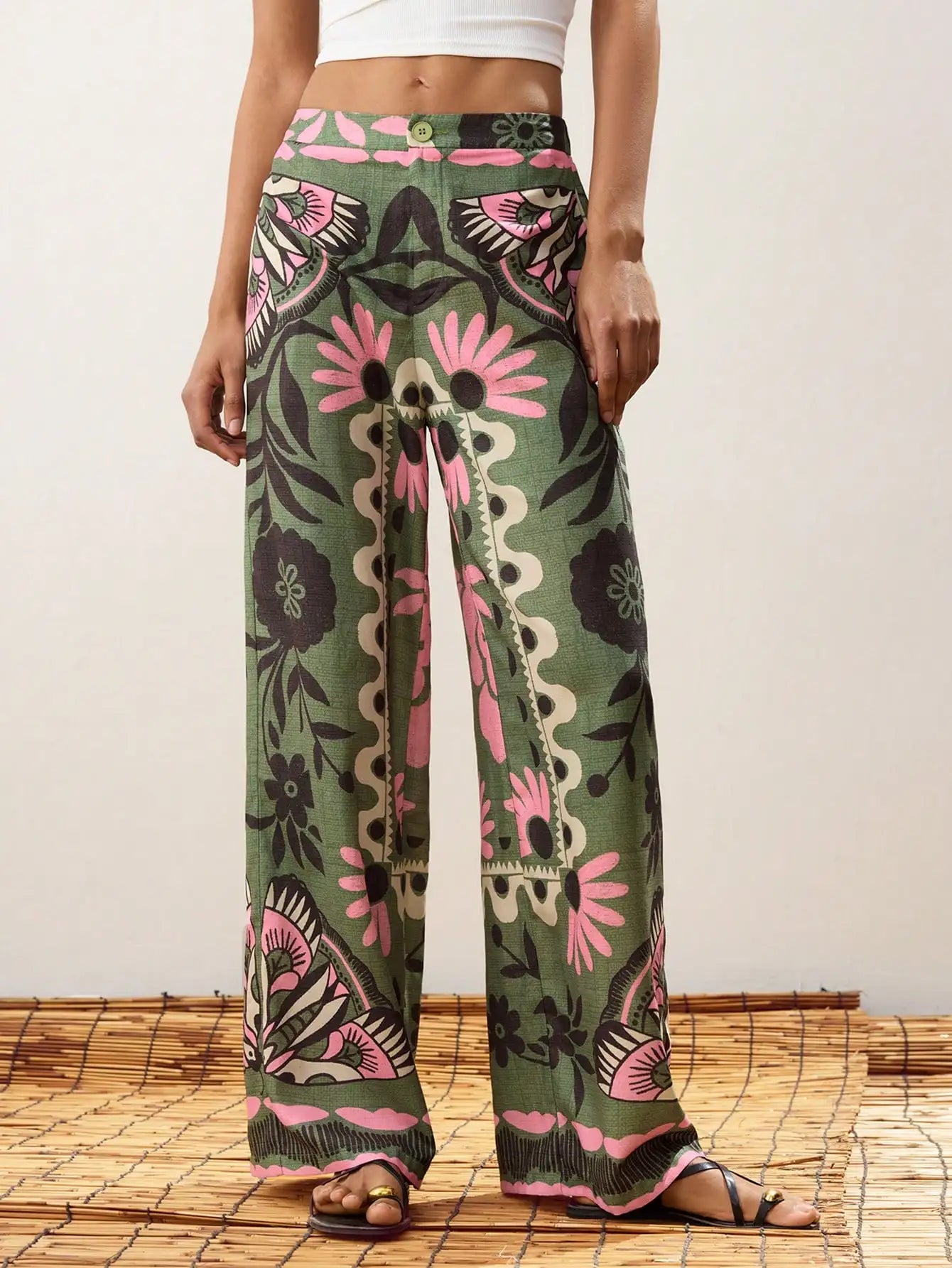 Green Floral Print Wide Leg Pants by MadisonnSavannahBoutique
