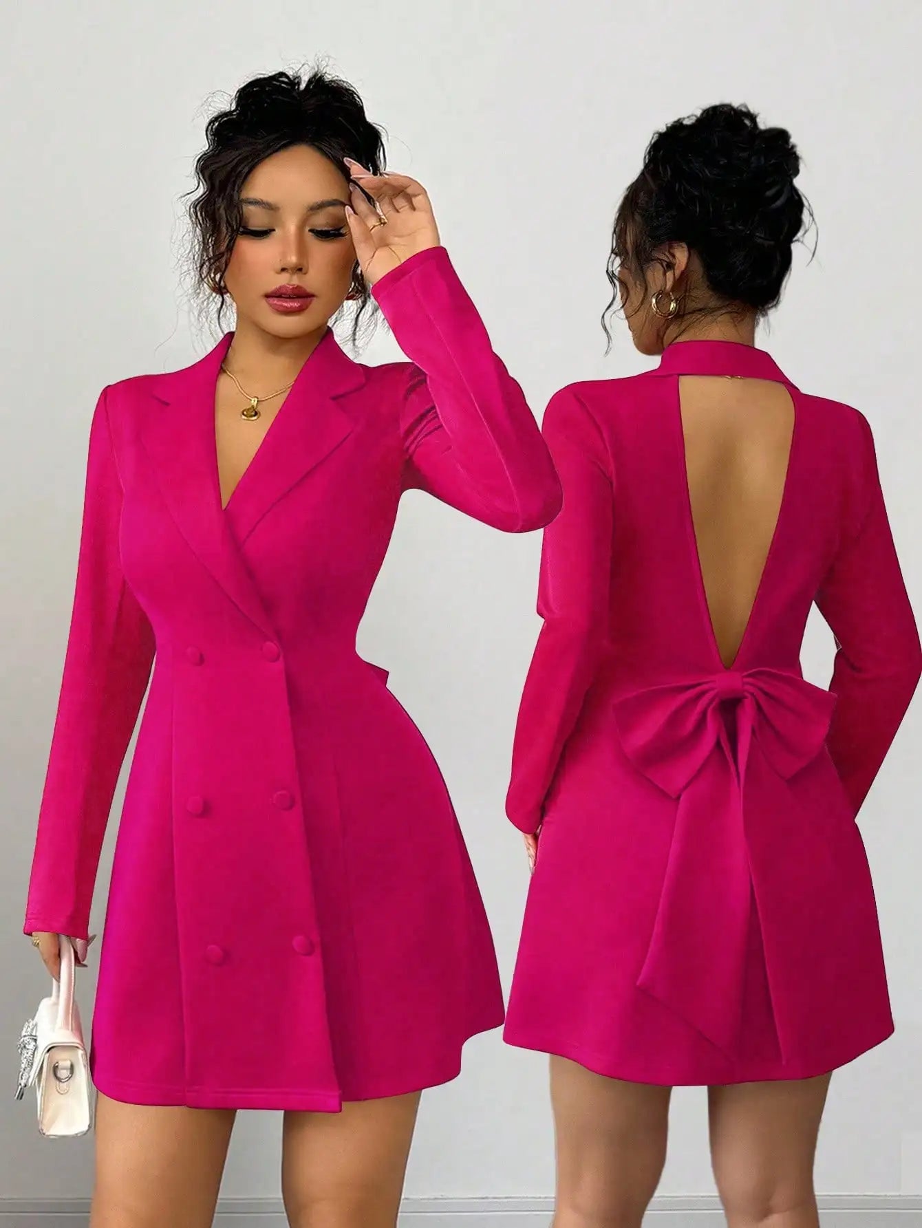 Double-Breasted Deep V-Neck Bow Back Mini Dress by MadisonnSavannahBoutique
