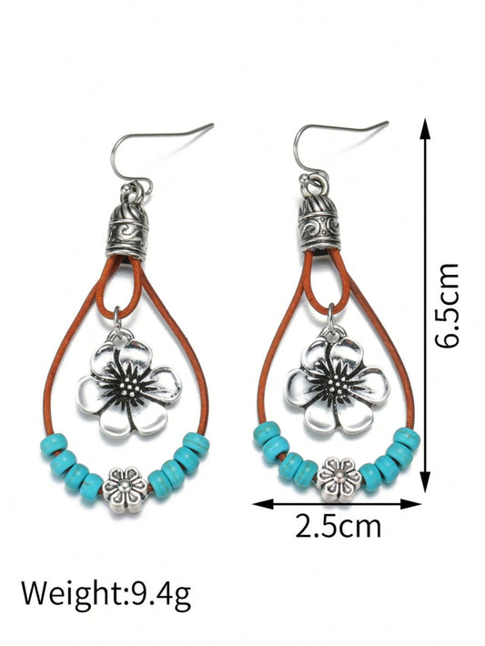 Bohemian Style Alloy Plum Blossom Pendant With Turquoise Beads, Double Layer Dangle Earrings, Vintage Jewelry by MadisonnSavannahBoutique