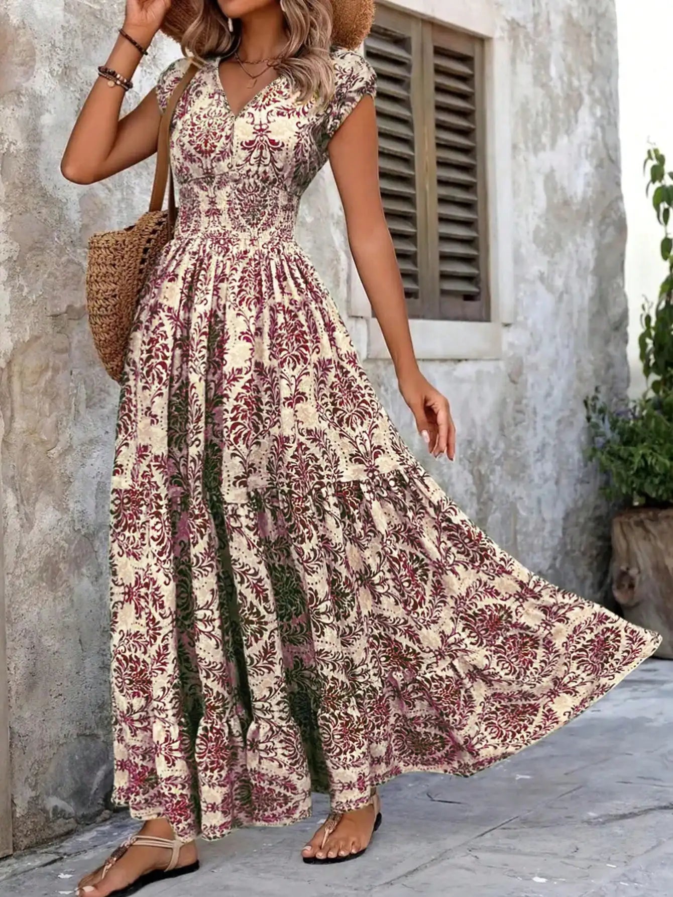 Women's V-Neck Floral Print Maxi Dress Bohemian Style by MadisonnSavannahBoutique