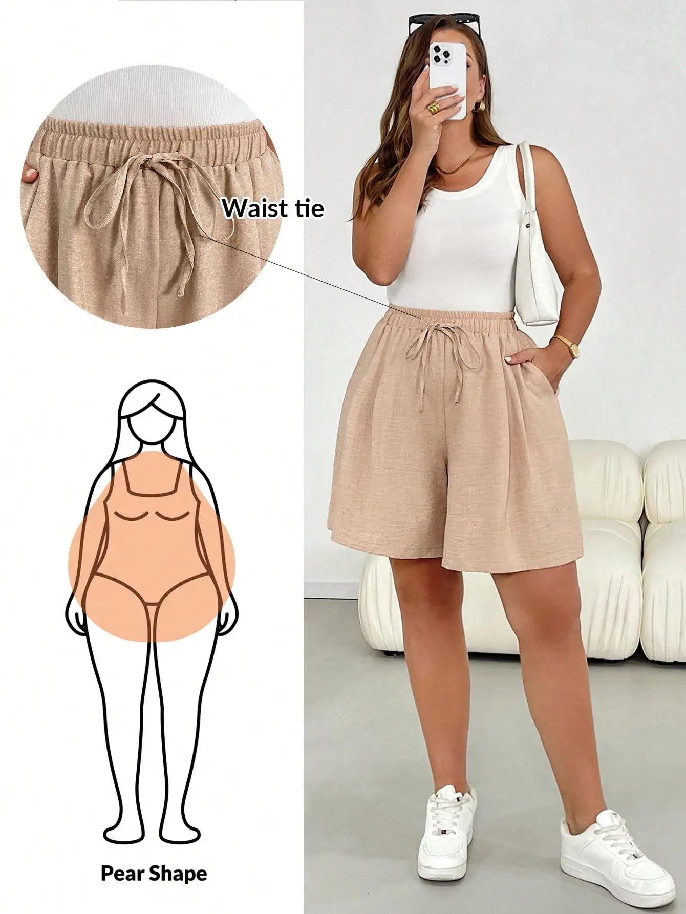 Casual Elastic Waist Drawstring Beige Shorts by MadisonnSavannahBoutique