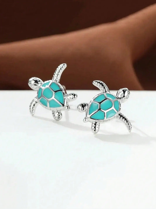 Tiny Sea Turtle Stud Earrings with Turquoise Enamel Shell in Silver-Tone Metal by MadisonnSavannahBoutique