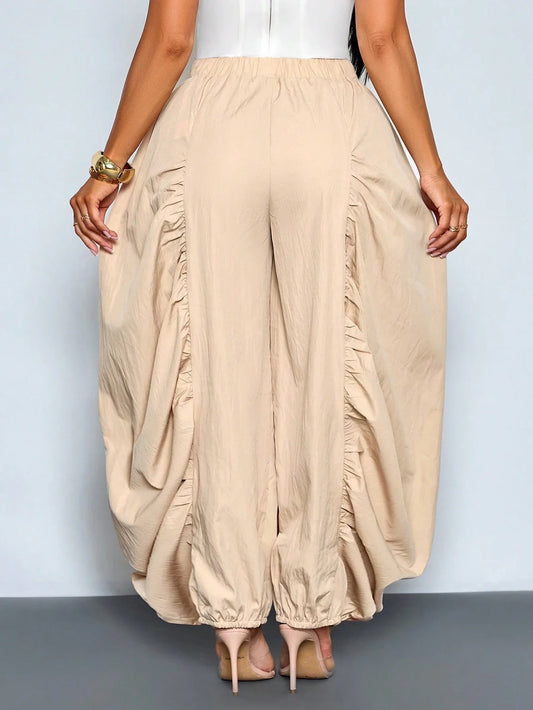 Women's Beige Loose Wide Leg Pleated Casual Pants With Drawstring Waist And Pockets by MadisonnSavannahBoutique
