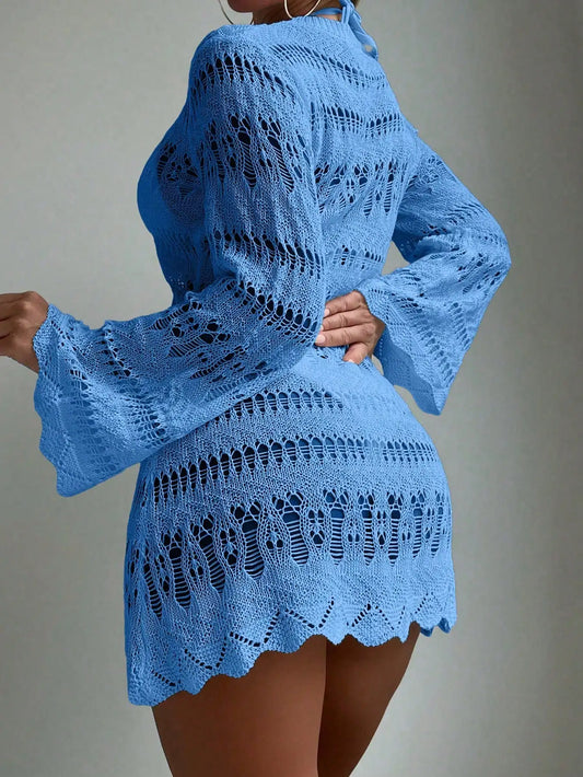 Blue Hollow Out Crochet Cover Up Dress With Scallop Trim Beachwear by MadisonnSavannahBoutique