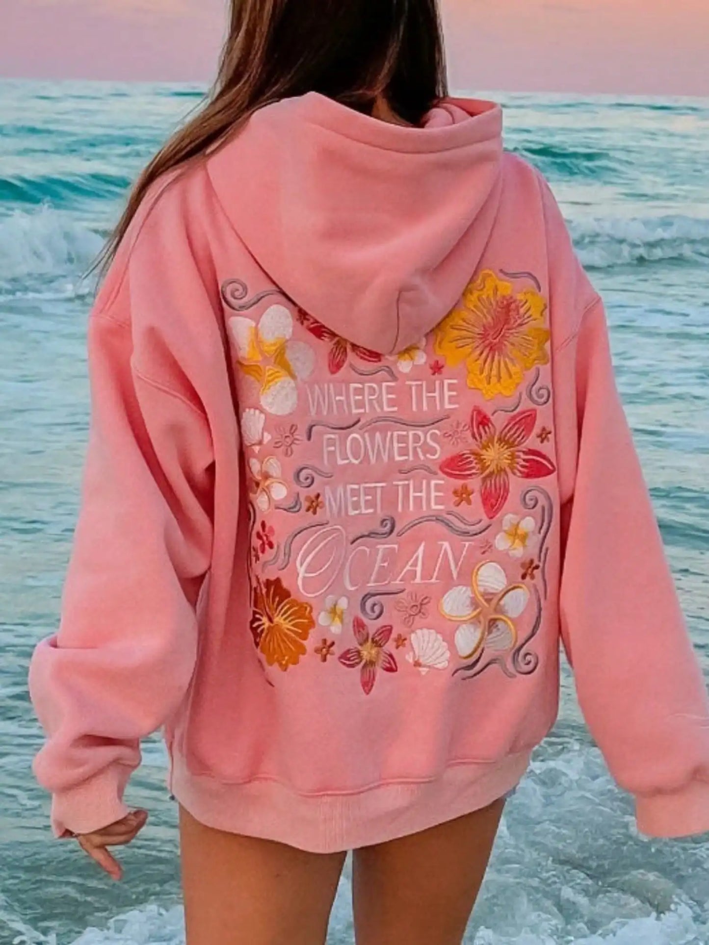 Pink "Where The Flowers Meet The Ocean" Embroidered Hoodie by MadisonnSavannahBoutique