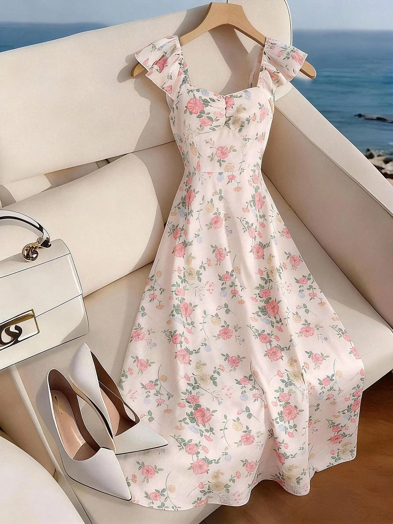 Floral Print Square Neck Flare Sleeve A-Line Maxi Dress With Zipper Back by MadisonnSavannahBoutique