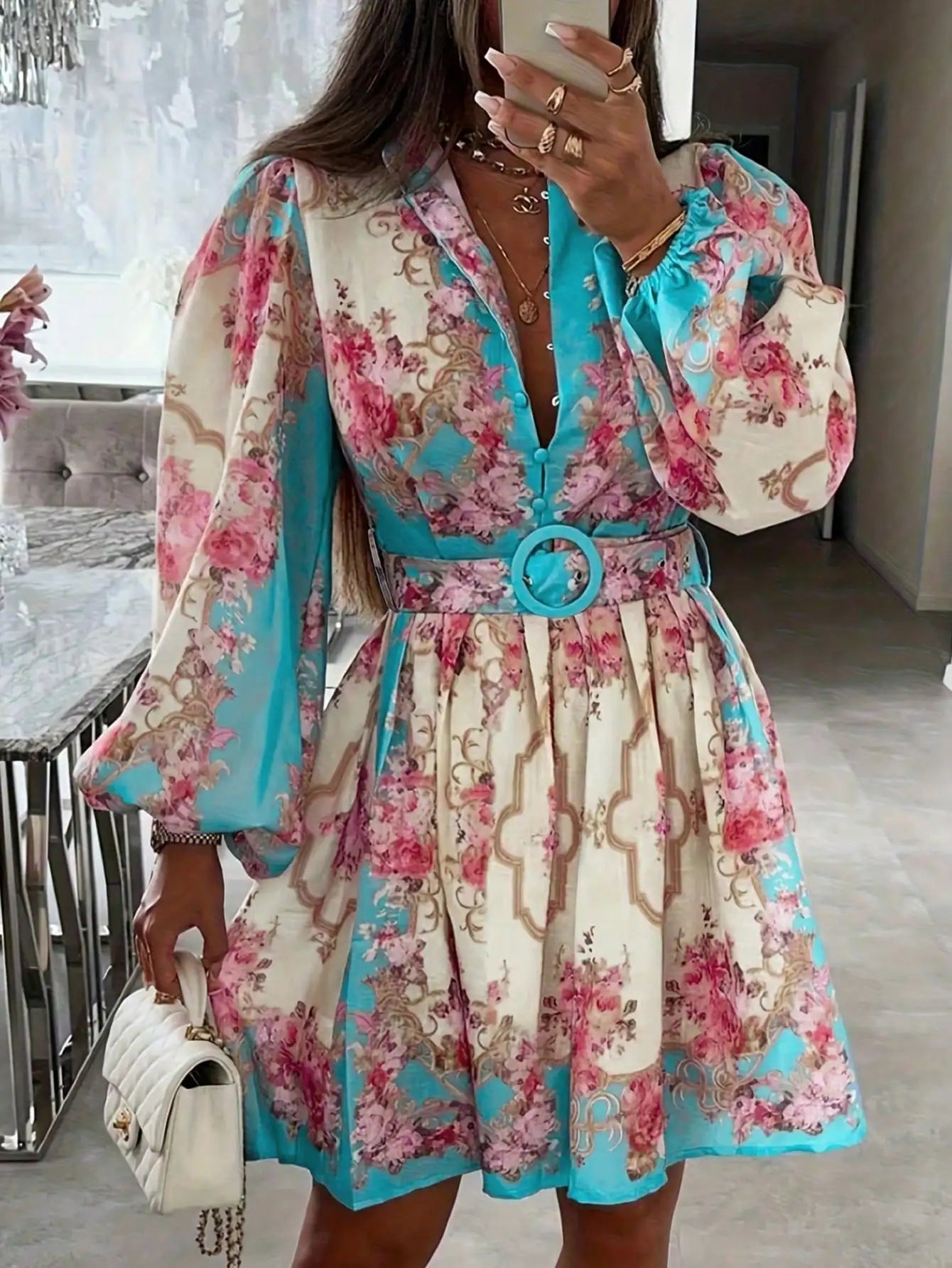 Floral Print Open Collar Long Sleeve Dress With Belt t A-Line by MadisonnSavannahBoutique