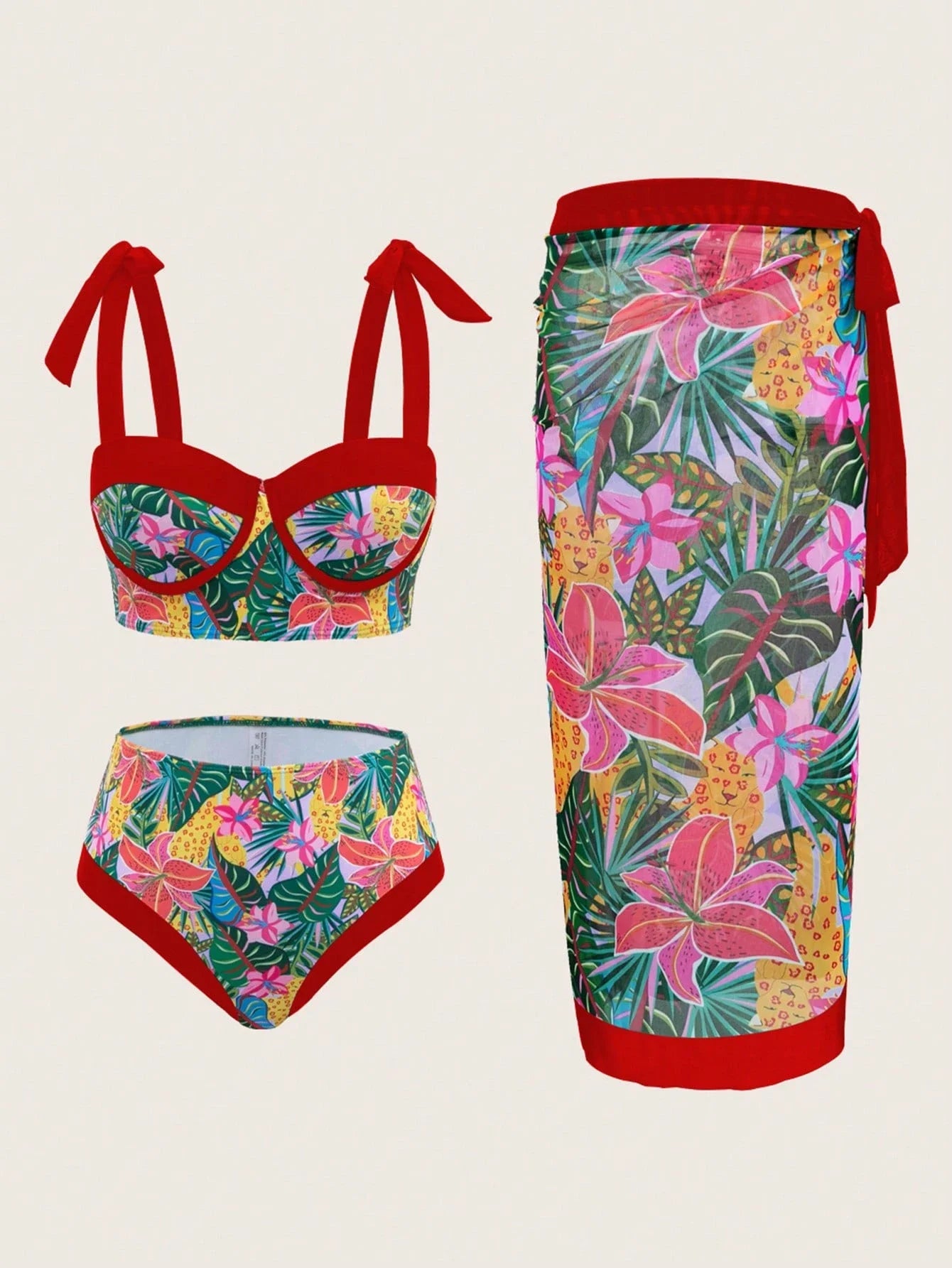 3 Piece Women Bikini Set With Sarong Skirt Floral Print by MadisonnSavannahBoutique