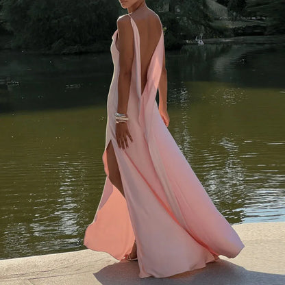 Elegant Solid Sling  Sleeveless Backless A-Line Maxi Dresses