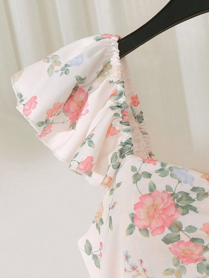 Floral Print Square Neck Flare Sleeve A-Line Maxi Dress With Zipper Back by MadisonnSavannahBoutique