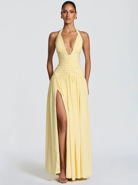Off-shoulder Sleeveless High Split Pleated Dress by MadisonnSavannahBoutique