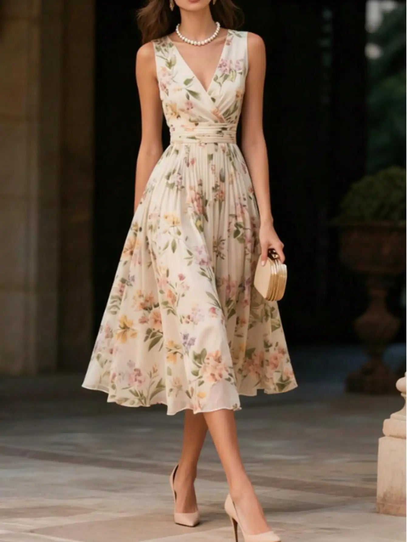 Floral Print V-Neck Wrap Pleated Sleeveless Midi Dress by MadisonnSavannahBoutique