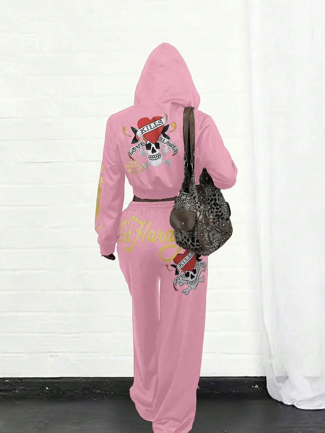 Ed Hardy Skull & Heart Print Cropped Hoodie and Wide Leg Pants Set by MadisonnSavannahBoutique