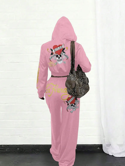 Ed Hardy Skull & Heart Print Cropped Hoodie and Wide Leg Pants Set by MadisonnSavannahBoutique