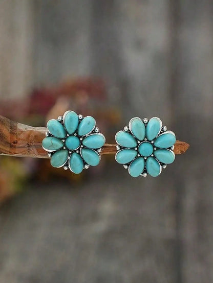 Vintage-Style Turquoise Flower Stud Earrings in Alloy Setting by MadisonnSavannahBoutique