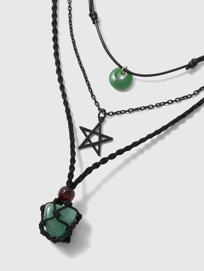 3-Layer Boho Pendant Necklace Set with Sun Charm, Glass Dome & Stone Bead by MadisonnSavannahBoutique