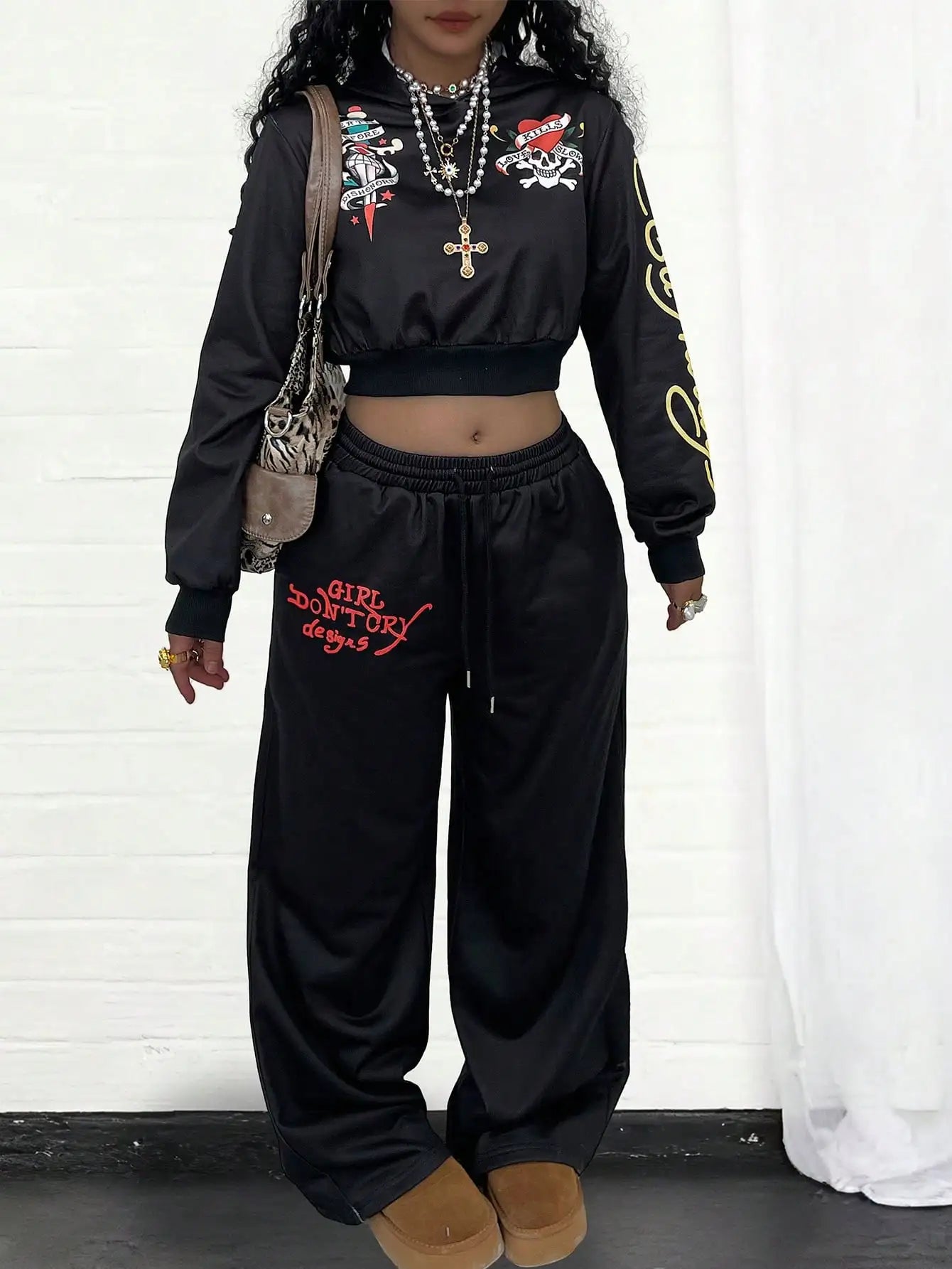 Ed Hardy Skull & Heart Print Cropped Hoodie and Wide Leg Pants Set by MadisonnSavannahBoutique