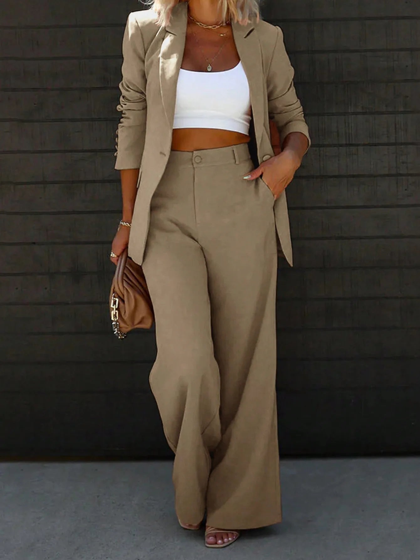 wo-Piece Suit Single Button Blazer And Wide Leg Trousers by MadisonnSavannahBoutique
