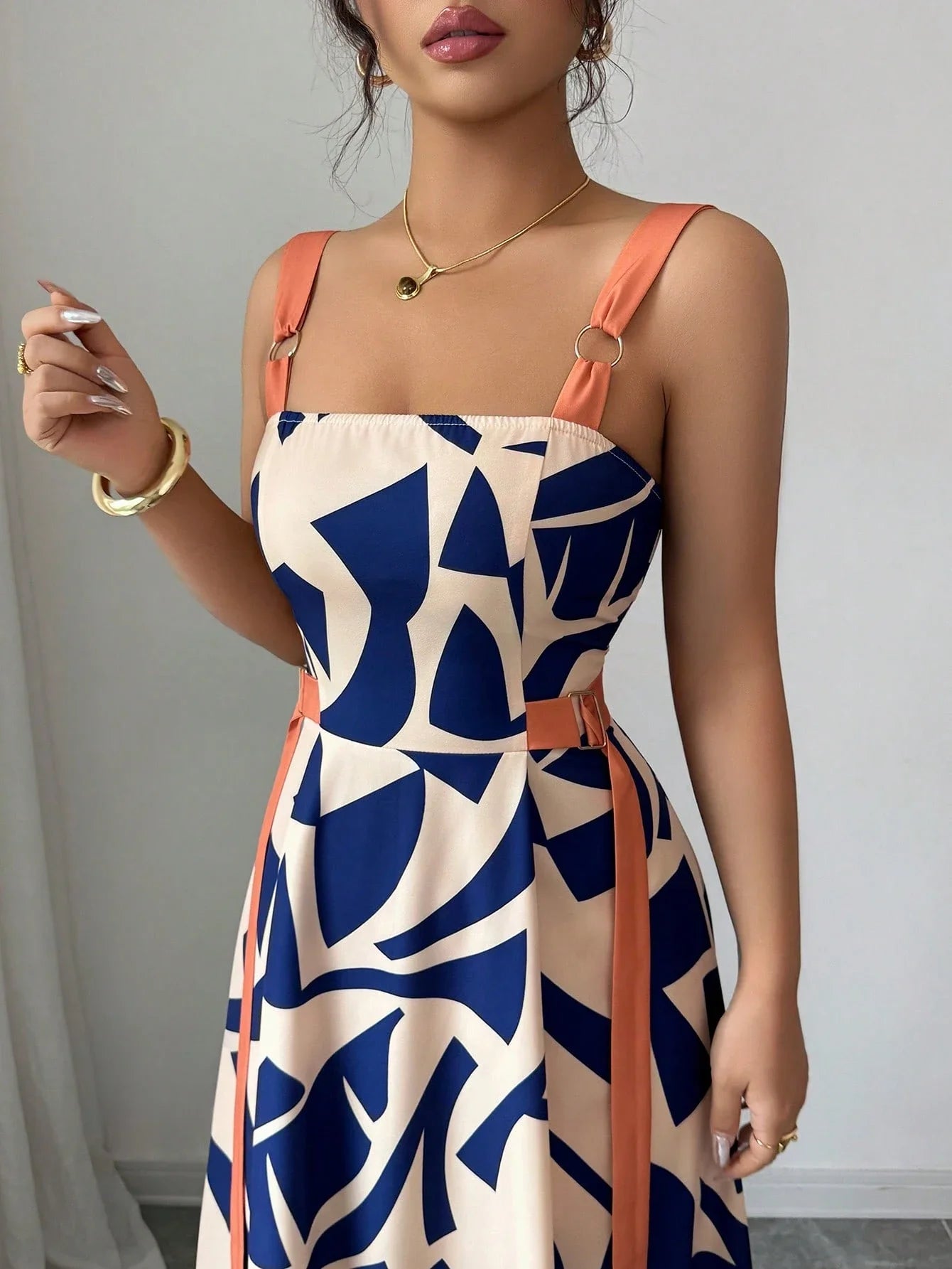 Casual Spaghetti Strap Waisted Wide Hem Geometric Print Maxi Dress by MadisonnSavannahBoutique