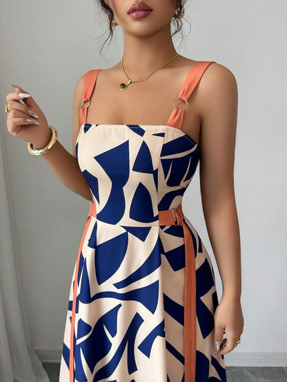 Casual Spaghetti Strap Waisted Wide Hem Geometric Print Maxi Dress by MadisonnSavannahBoutique