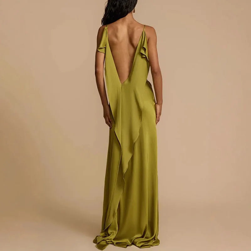 Elegant Solid Sling  Sleeveless Backless A-Line Maxi Dresses