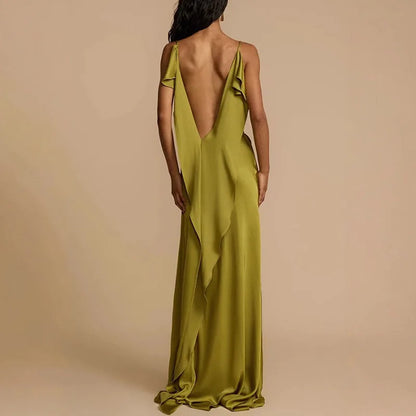 Elegant Solid Sling  Sleeveless Backless A-Line Maxi Dresses
