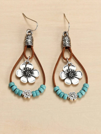 Bohemian Style Alloy Plum Blossom Pendant With Turquoise Beads, Double Layer Dangle Earrings, Vintage Jewelry by MadisonnSavannahBoutique