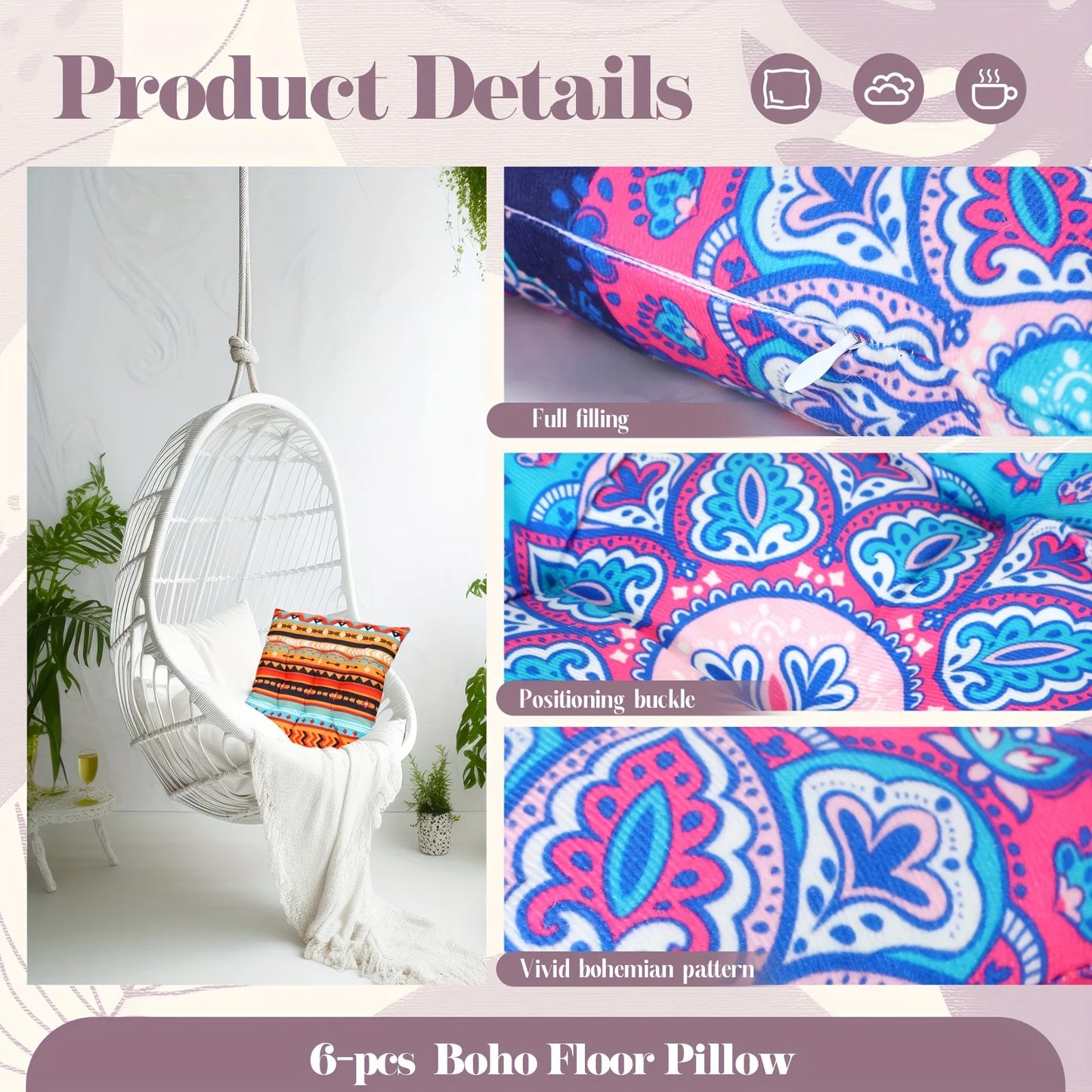 6pcs .15 Inch Boho Floor Cushions by MadisonnSavannahBoutique