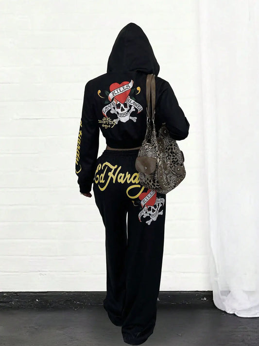 Ed Hardy Skull & Heart Print Cropped Hoodie and Wide Leg Pants Set by MadisonnSavannahBoutique
