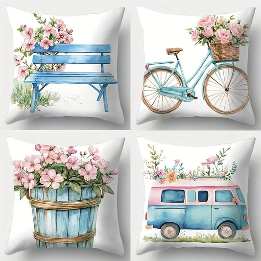 4pcs Contemporary Floral Bicycle Pillow Covers 18x18 Inch by MadisonnSavannahBoutique