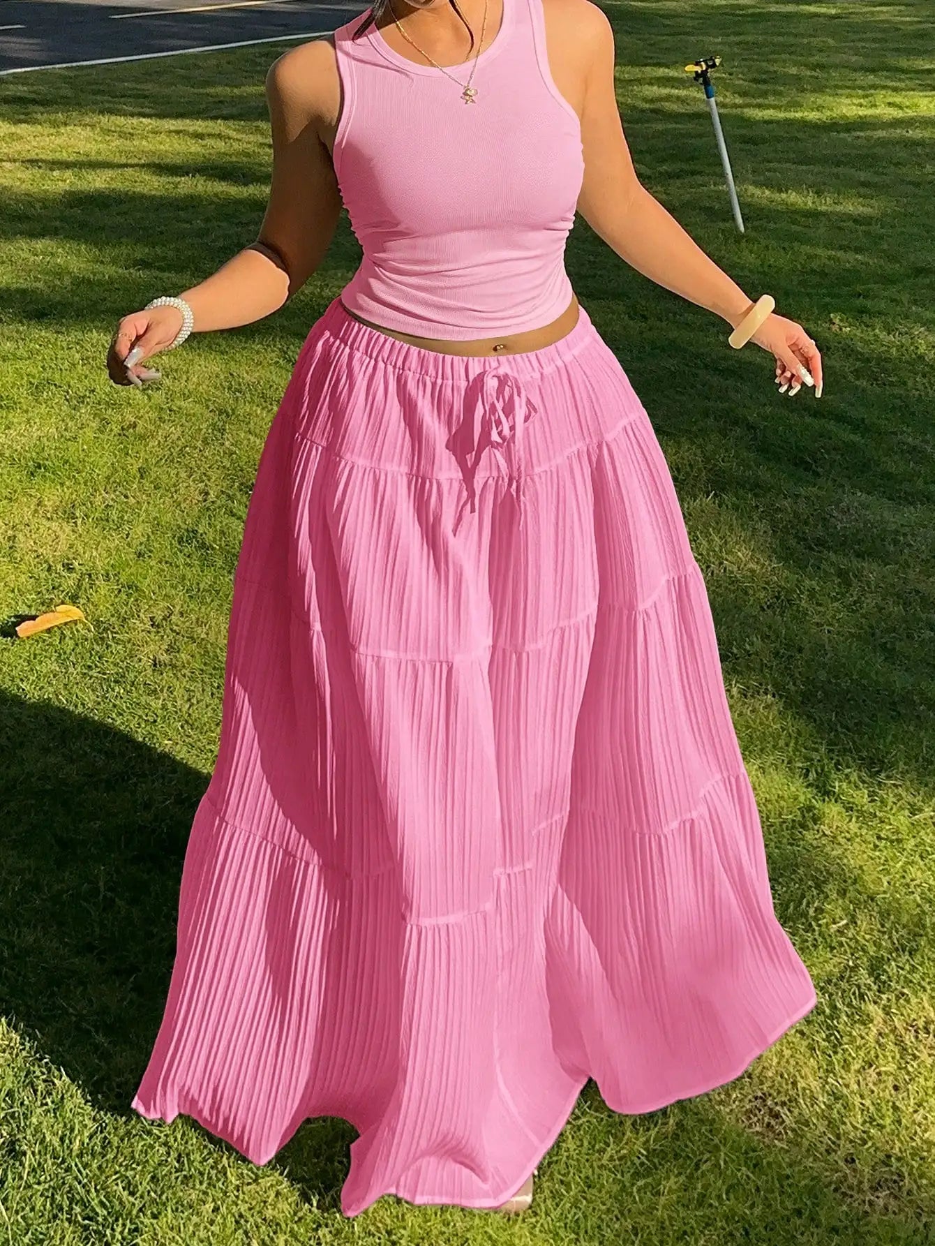 Butter Yellow Sleeveless Crop Top And Tiered Maxi Skirt Set by MadisonnSavannahBoutique