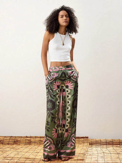 Green Floral Print Wide Leg Pants by MadisonnSavannahBoutique