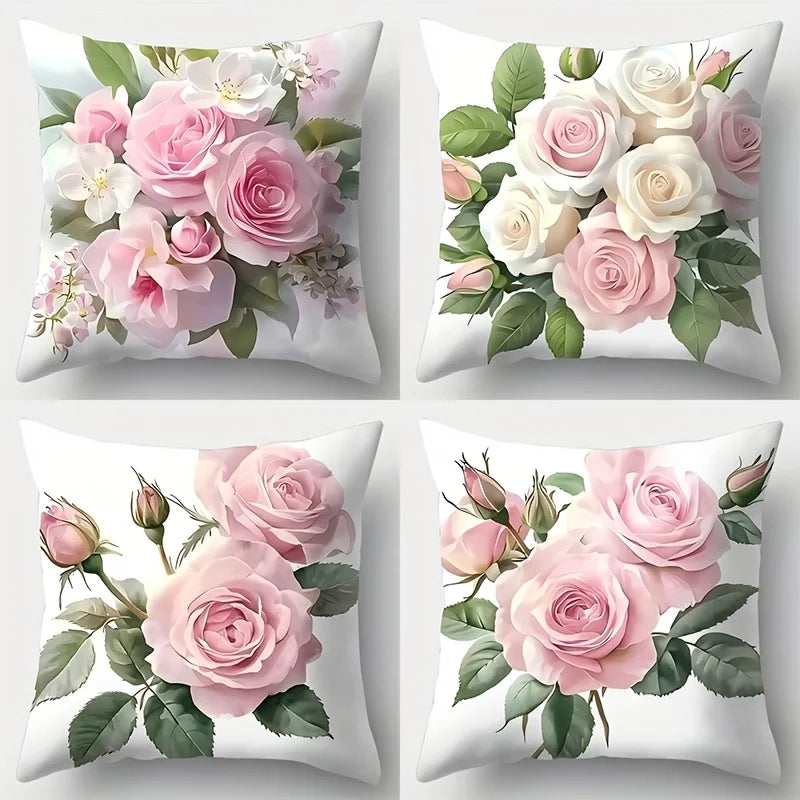 4 Piece Pink Rose Cushion Cover Set 18x18 Inch by MadisonnSavannahBoutique