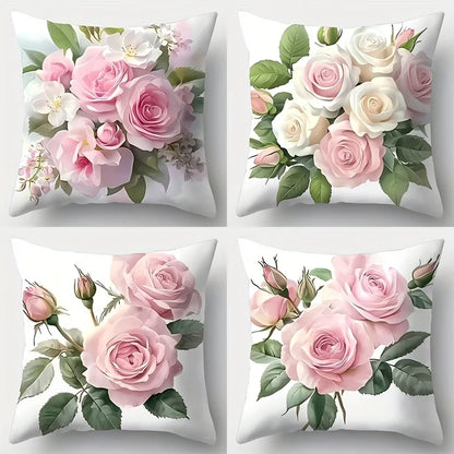 4 Piece Pink Rose Cushion Cover Set 18x18 Inch by MadisonnSavannahBoutique