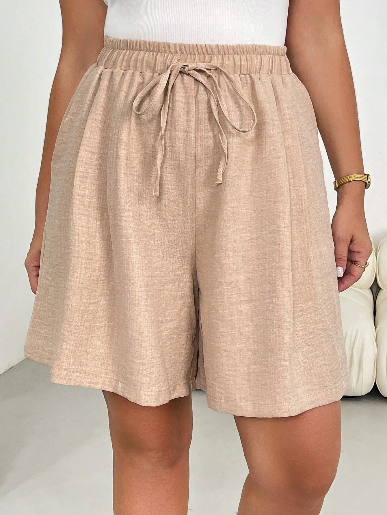 Casual Elastic Waist Drawstring Beige Shorts by MadisonnSavannahBoutique
