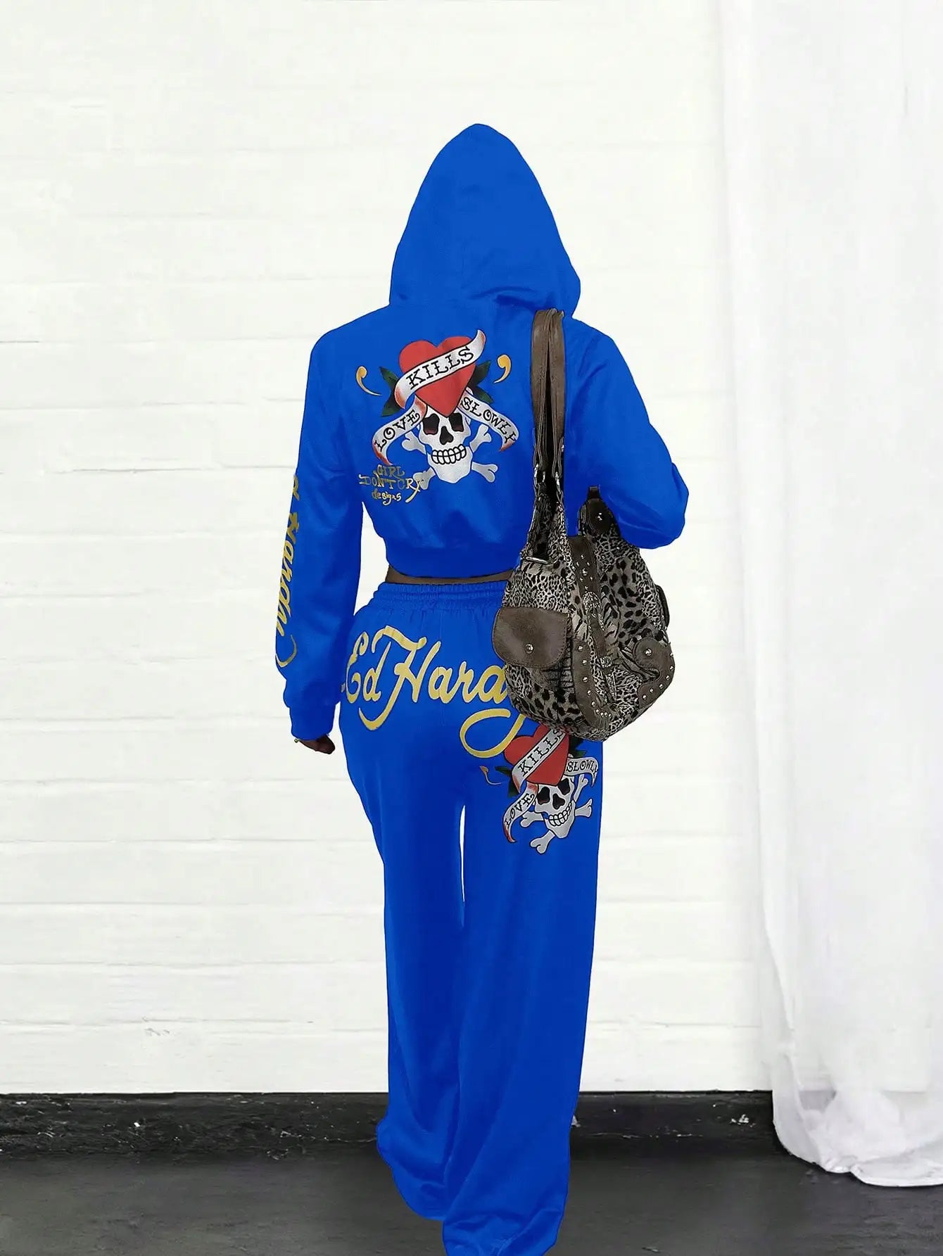 Ed Hardy Skull & Heart Print Cropped Hoodie and Wide Leg Pants Set by MadisonnSavannahBoutique
