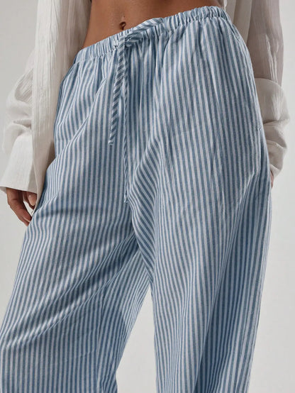 Striped Linen Feel Drawstring Waist Wide Leg Pants by MadisonnSavannahBoutique