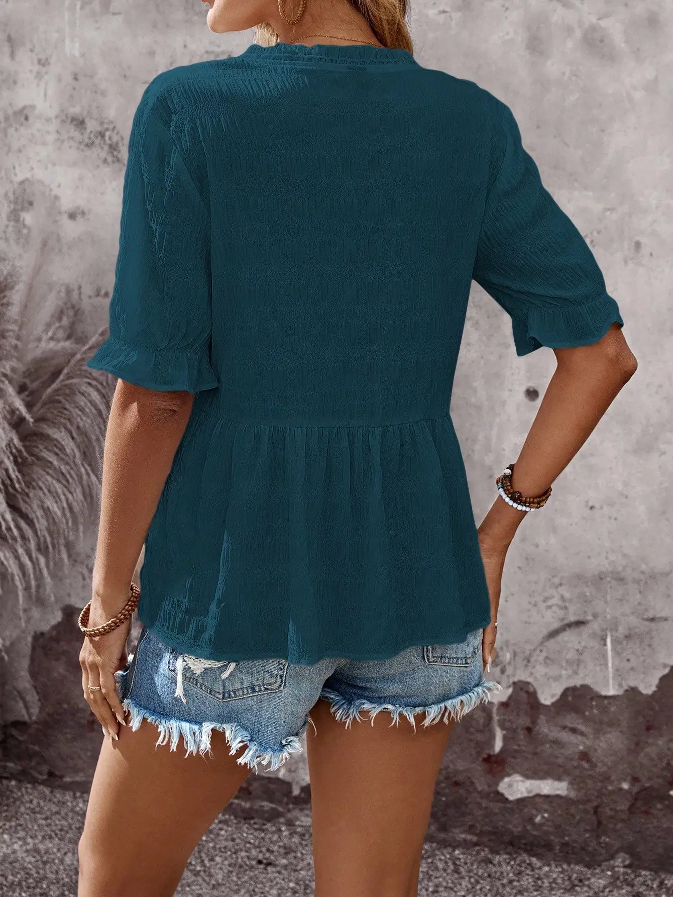 V-Neck Ruffle Blouse With Short Sleeve by MadisonnSavannahBoutique
