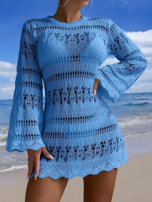 Blue Hollow Out Crochet Cover Up Dress With Scallop Trim Beachwear by MadisonnSavannahBoutique