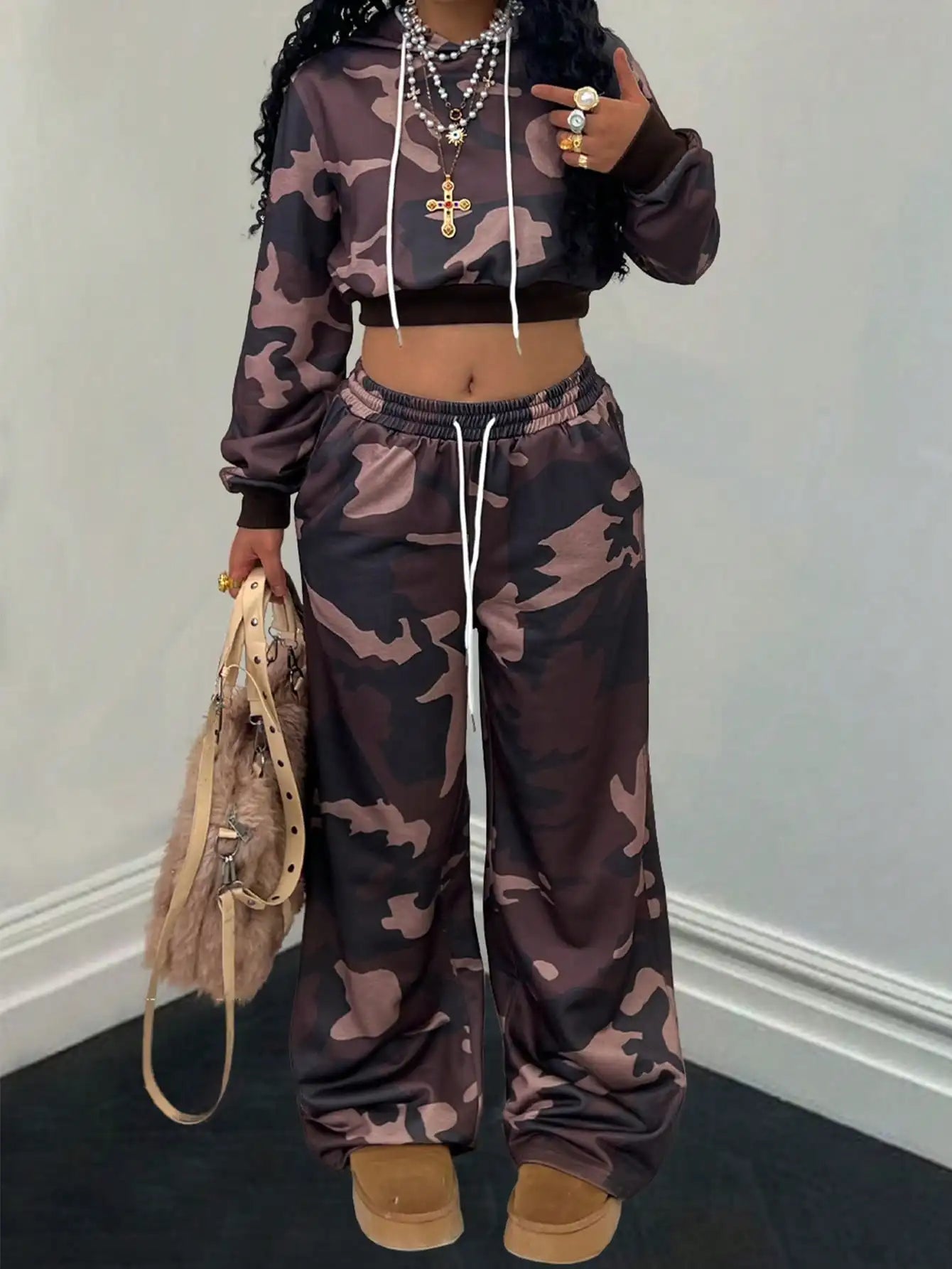 Ed Hardy Skull & Heart Print Cropped Hoodie and Wide Leg Pants Set by MadisonnSavannahBoutique