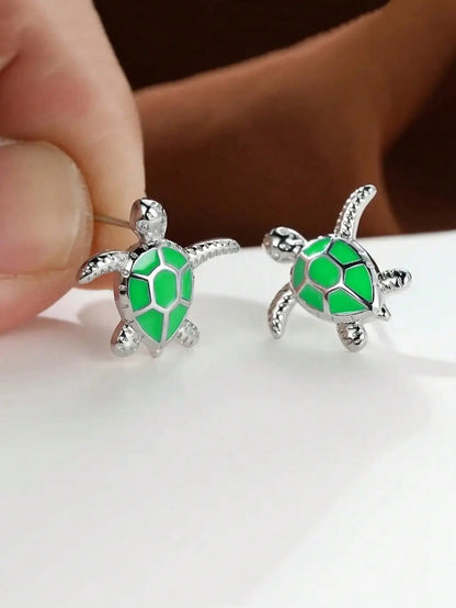 Tiny Sea Turtle Stud Earrings with Turquoise Enamel Shell in Silver-Tone Metal by MadisonnSavannahBoutique