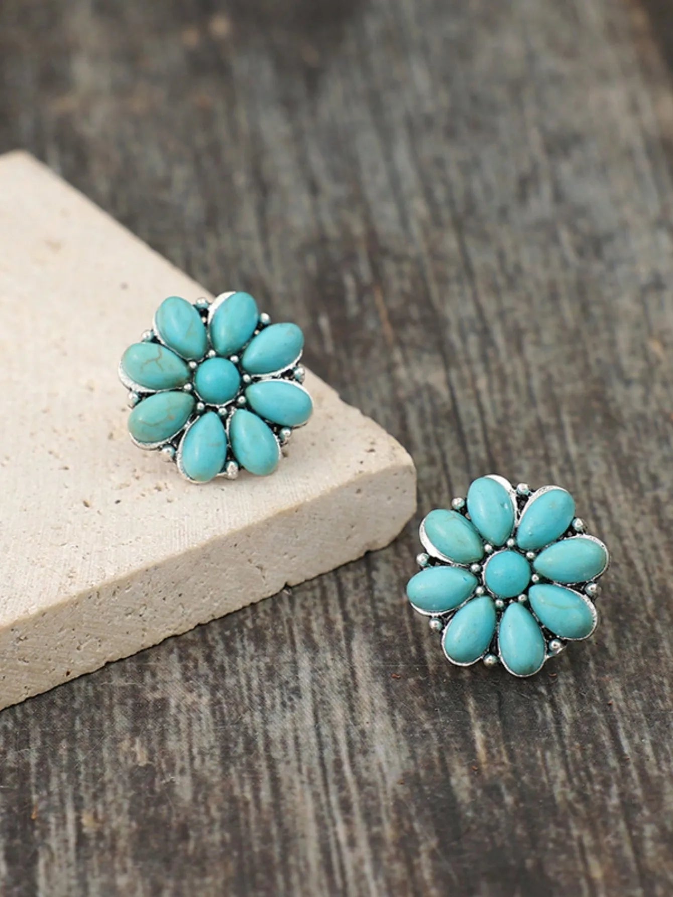 Vintage-Style Turquoise Flower Stud Earrings in Alloy Setting by MadisonnSavannahBoutique