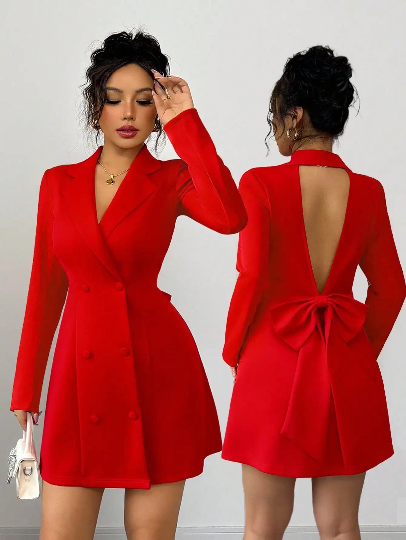 Double-Breasted Deep V-Neck Bow Back Mini Dress by MadisonnSavannahBoutique