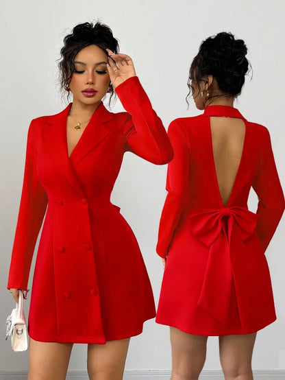 Double-Breasted Deep V-Neck Bow Back Mini Dress by MadisonnSavannahBoutique