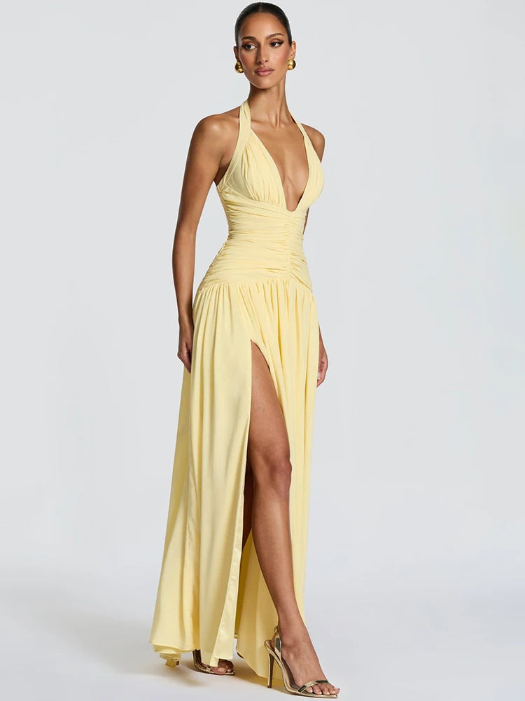 Off-shoulder Sleeveless High Split Pleated Dress by MadisonnSavannahBoutique