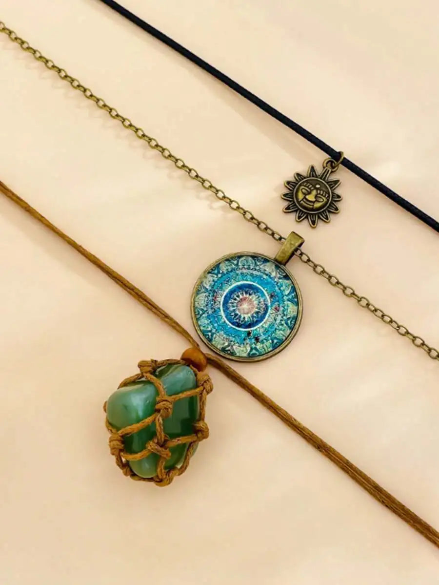 3-Layer Boho Pendant Necklace Set with Sun Charm, Glass Dome & Stone Bead by MadisonnSavannahBoutique